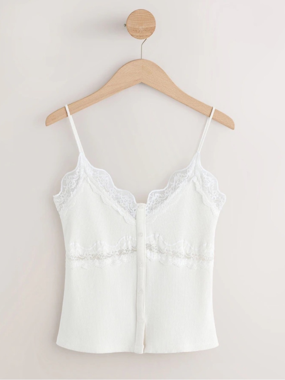 JAPNA White Ribbed Lace-Trim Button-Front Cami Top - M